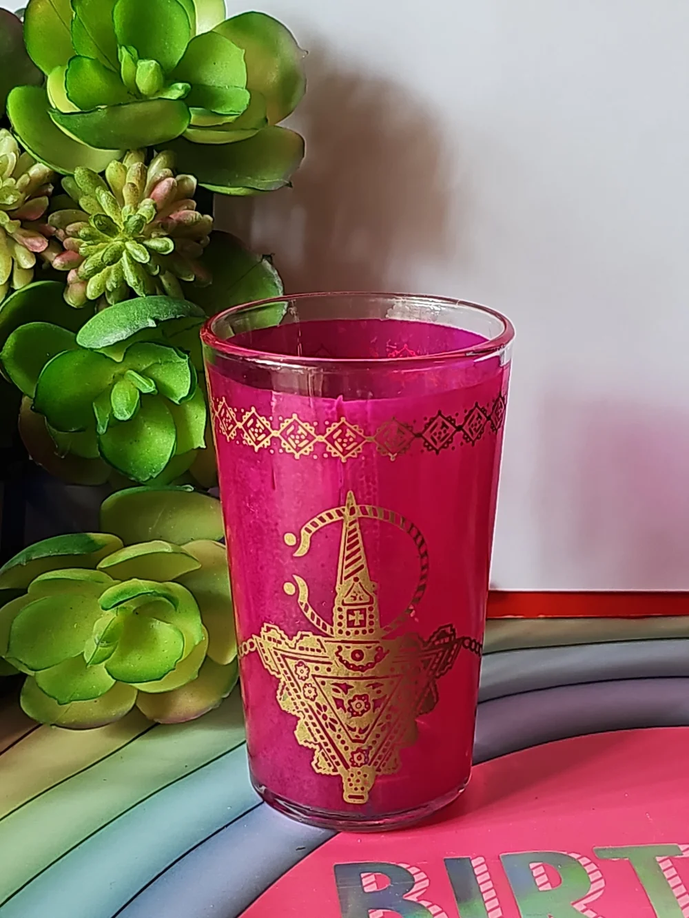 Vintage 4 Moroccan-Style Glass / Votive Set in Pink, Blue, Red, Purple